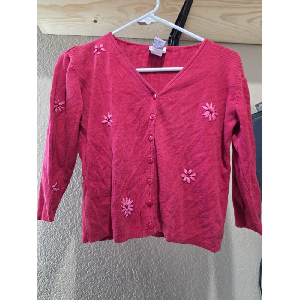 Clio Silk Blend Red Button Front Cardigan Floral Vintage Women's Med 3/4 Sleeve